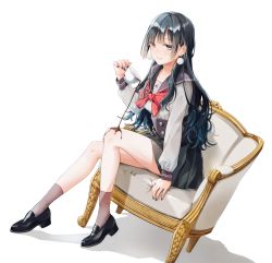 Rule 34 | 1girl, bare legs, black footwear, black hair, black nails, black sailor collar, black skirt, blush, bow, bowtie, brown socks, chair, closed mouth, cup, earrings, full body, grey shirt, high-waist skirt, highres, holding, holding cup, jewelry, loafers, long hair, long sleeves, looking at viewer, nail polish, original, pleated skirt, pom pom (clothes), pom pom earrings, red bow, red bowtie, sailor collar, school uniform, serafuku, shirt, shoes, sitting, skirt, socks, solo, spilling, tadano yukiko, teacup, white socks, yellow eyes