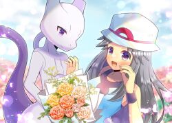 Rule 34 | 1girl, :d, bare shoulders, blue camisole, blue sky, blurry, blurry background, blush, bouquet, breasts, camisole, closed mouth, cloud, cloudy sky, collarbone, commentary request, commission, creatures (company), day, depth of field, flower, game freak, gen 1 pokemon, grey eyes, grey hair, kou hiyoyo, leaf (pokemon), legendary pokemon, long hair, mewtwo, nintendo, open mouth, orange flower, orange rose, outdoors, pokemon, pokemon (creature), pokemon frlg, purple eyes, rose, skeb commission, sky, small breasts, smile, very long hair, white flower, white headwear, white rose, wrist cuffs, yellow flower, yellow rose