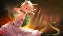 Rule 34 | 1girl, alternate costume, armlet, backless dress, backless outfit, blonde hair, bonnet, bracelet, breasts, commentary request, dragon horns, dragon tail, dress, field, flower, flower field, from side, halterneck, highres, horns, jewelry, kicchou yachie, looking at viewer, nnyara, open mouth, parted bangs, short hair, sideboob, sleeveless, sleeveless dress, small breasts, smile, solo, spider lily, standing, tail, touhou, twitter username, wedding dress, white dress, yellow eyes