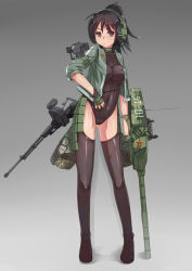 Rule 34 | 1girl, black eyes, black hair, breasts, cameltoe, caterpillar tracks, cleavage, cleft of venus, covered navel, fingerless gloves, full body, gloves, gradient background, gun, hair ornament, hairclip, headset, highres, impossible clothes, impossible leotard, jacket, leotard, machine gun, mecha musume, military, military vehicle, motor vehicle, original, personification, ponytail, signature, smile, solo, stmast, tank, thighhighs, turret, type-99 mbt, vehicle, weapon