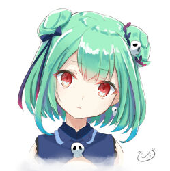 Rule 34 | 1girl, absurdres, blue ribbon, commentary request, cropped shoulders, double bun, earrings, green hair, hair bun, hair ornament, hair ribbon, head tilt, highres, hololive, jewelry, looking at viewer, parted lips, red eyes, ribbon, short hair, sidelocks, simple background, skull brooch, skull earrings, skull hair ornament, solo, straight-on, toshizou (0714), uruha rushia, uruha rushia (1st costume), virtual youtuber, white background, yandere