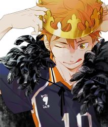 Rule 34 | 1boy, ;q, cape, crown, feathers, haikyuu!!, hinata shouyou, itmutut, looking at viewer, male focus, one eye closed, orange eyes, orange hair, simple background, solo, sportswear, tongue, tongue out, upper body, volleyball uniform, white background