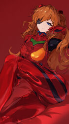 Rule 34 | 1girl, absurdres, arm support, ass, blue eyes, bodysuit, breasts, brown hair, cameltoe, eyepatch, hair ornament, hand in own hair, hermityy, highres, leg lift, leg up, light smile, long hair, looking at viewer, medium breasts, neon genesis evangelion, plugsuit, rebuild of evangelion, red background, red bodysuit, shiny clothes, simple background, sitting, skin tight, solo, souryuu asuka langley, two side up, very long hair, wide hips