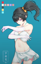 Rule 34 | 1girl, bad id, bad pixiv id, bare shoulders, black hair, blue background, bow, breasts, commentary request, elbow gloves, gloves, hair bow, highres, lis zhu long, long hair, looking at viewer, navel, orange bow, original, pink eyes, skirt, sleeveless, small breasts, solo, white gloves, white skirt
