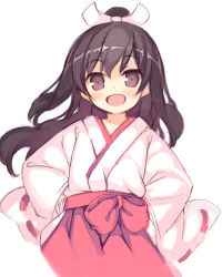 Rule 34 | 1girl, :d, black hair, blush, bow, character request, hair bow, hakama, hakama skirt, hands on own hips, high ponytail, japanese clothes, kantai collection, kurasuke, long hair, looking at viewer, miko, open mouth, purple eyes, red skirt, ribbon-trimmed sleeves, ribbon trim, simple background, skirt, smile, solo, tsurime, white background, white bow