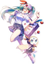 Rule 34 | 1girl, aqua hair, artist request, bag, blue eyes, bow, bracelet, collared shirt, creatures (company), full body, game freak, gen 5 pokemon, gloves, grey skirt, hair bow, hatsune miku, headband, headphones, highres, jewelry, legendary pokemon, long hair, meloetta, meloetta (aria), miniskirt, mythical pokemon, nakseo man, nintendo, open mouth, plaid, plaid skirt, poke ball, poke ball (basic), pokemon, pokemon (creature), project voltage, psychic miku (project voltage), red bow, shirt, shoes, short sleeves, shoulder bag, simple background, single glove, skirt, sneakers, solo, teeth, twintails, upper teeth only, vocaloid, white background, white gloves, white shirt