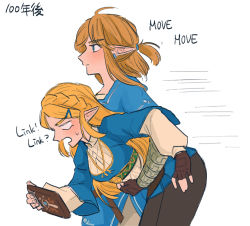 Rule 34 | 1boy, 1girl, arm around waist, blonde hair, blush, breasts, brown hair, carrying, character name, earrings, elf, embarrassed, expressionless, gloves, hair ornament, hairclip, holding, jewelry, leggings, link, long hair, nintendo, pointy ears, princess zelda, running, sweatdrop, the legend of zelda, the legend of zelda: breath of the wild, tunic