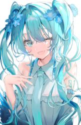 Rule 34 | 00nanona, 1girl, bad id, bad twitter id, bare shoulders, blouse, blush, flower, frilled shirt, frills, green eyes, green hair, hair flower, hair ornament, hatsune miku, highres, long hair, looking at viewer, open mouth, shirt, shoulder tattoo, sleeveless, sleeveless shirt, smile, tattoo, twintails, twintails day, vocaloid, white background