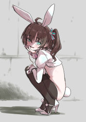 Rule 34 | 1girl, animal ears, blush, brown hair, commentary request, fake animal ears, from side, full body, green eyes, hair ribbon, high heels, highres, hololive, looking at viewer, meme attire, natsuiro matsuri, outdoors, pantyhose, rabbit ears, rabbit tail, reverse bunnysuit, reverse outfit, ribbon, sabaku chitai, side ponytail, smile, solo, squatting, tail, white footwear, wrist cuffs