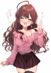 Rule 34 | 1girl, :3, absurdres, ahoge, animal print, artist request, bare shoulders, belt, brown hair, closed eyes, commentary request, earrings, highres, ichinose shiki, idolmaster, idolmaster cinderella girls, jewelry, leopard print, long hair, long sleeves, miniskirt, nail polish, pink nails, pink shirt, pleated skirt, print skirt, shirt, simple background, skindentation, skirt, solo, thighhighs, translation request, wavy hair, white background, zettai ryouiki