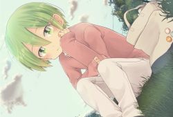 Rule 34 | 1boy, blush, cloud, dutch angle, grass, green eyes, green hair, looking at viewer, male focus, original, outdoors, pants, pink sweater, pocchipocchi, sitting, sleeves past wrists, solo, sweater, white pants