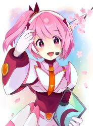 Rule 34 | 1girl, :d, alternate color, android, bodysuit, cherry blossoms, falling petals, gloves, headset, looking at viewer, mega man (series), mega man x (series), mega man x dive, necktie, open mouth, petals, pink bodysuit, pink eyes, pink hair, rico (mega man), side ponytail, smile, solo, teto (y3832), upper body, white gloves