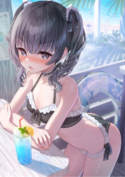 Rule 34 | 1girl, ass, bare arms, bare shoulders, bikini, black bikini, black choker, blush, breasts, choker, collarbone, cup, day, drink, drinking glass, drinking straw, food, frilled bikini, frills, fruit, grey eyes, grey hair, hair ornament, hair scrunchie, halterneck, highres, ice, innertube, leaning forward, looking at viewer, maid, maid bikini, namikishiho, original, outdoors, palm tree, scrunchie, solo, swim ring, swimsuit, tree, tropical drink, twintails, unconventional maid