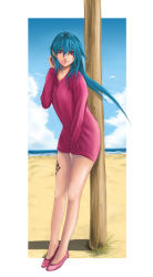 Rule 34 | 1girl, ahoge, bad id, bad pixiv id, beach, blue hair, character request, day, highres, legs, lips, original, pole, purple eyes, shoes, solo, tattoo, ying mao