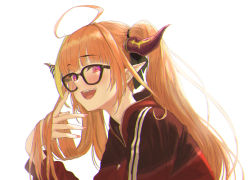 Rule 34 | 1girl, ahoge, black-framed eyewear, black ribbon, blonde hair, blunt bangs, bow, bright pupils, commentary, diagonal-striped bow, dragon girl, dragon horns, english commentary, fang, from side, glasses, hair ribbon, hand in own hair, hand up, highres, hololive, hood, hood down, hooded track jacket, horn bow, horn ornament, horns, jacket, kiryu coco, kiryu coco (loungewear), long hair, long sleeves, looking at another, looking to the side, multicolored hair, nail polish, official alternate costume, open mouth, orange hair, pink nails, pointy ears, purple eyes, red eyes, red jacket, ribbon, sidelocks, simple background, skin fang, slit pupils, solo, streaked hair, striped, striped bow, teeth, track jacket, twintails, upper body, upper teeth only, virtual youtuber, white background, white pupils, ytterbium169
