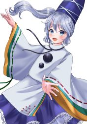 Rule 34 | 1girl, :d, blue eyes, blue hat, blue skirt, grey hair, hat, highres, japanese clothes, kariginu, kyabekko, long sleeves, looking at viewer, medium hair, mononobe no futo, open mouth, pom pom (clothes), ponytail, ribbon-trimmed sleeves, ribbon trim, simple background, skirt, smile, solo, tate eboshi, touhou, white background, wide sleeves