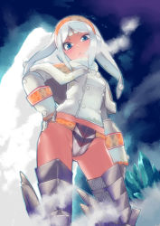 Rule 34 | 1girl, armor, blue eyes, boots, breath, capcom, curry (dbt), darker than black, from below, hand on own hip, ice, lagombi (armor), monster hunter (series), monster hunter portable 3rd, panties, solo, standing, thigh boots, thighhighs, tigrex (armor), underwear, uneven eyes, white hair