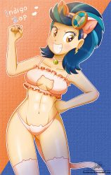 Rule 34 | 1girl, absurdres, animal ears, blush, bra, breasts, cat cutout, cat ears, cat lingerie, cat tail, character name, cleavage, cleavage cutout, clothing cutout, ear piercing, fist pump, gluteal fold, goggles, grin, hasbro, highres, indigo zap, lingerie, looking at viewer, meme attire, my little pony, my little pony: equestria girls, my little pony: friendship is magic, nail polish, navel, open mouth, panties, piercing, side-tie panties, smile, tail, the-butch-x, thighhighs, thighs, twintails, underwear