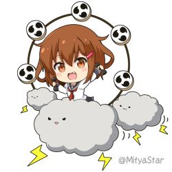 Rule 34 | 1girl, :d, anchor symbol, black sailor collar, black skirt, blush, brown eyes, brown hair, chibi, cloud, commentary request, dumbbell, fang, hair between eyes, hair ornament, hairclip, holding, ikazuchi (kancolle), kantai collection, lightning bolt symbol, long hair, long sleeves, looking at viewer, mitsudomoe (shape), mitya, neckerchief, open mouth, pleated skirt, raijin (mythology), red neckerchief, sailor collar, school uniform, serafuku, shirt, simple background, skirt, smile, solo, tomoe (symbol), twitter username, white background, white shirt