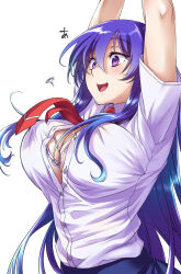 Rule 34 | 1girl, akiyama rinko, arms up, blue hair, blue skirt, bra, breasts, bursting breasts, cleavage, collared shirt, commentary request, flying button, hair between eyes, highres, keke (user zech7732), large breasts, long hair, necktie, open mouth, popped button, purple eyes, red necktie, school uniform, shirt, short sleeves, sidelocks, simple background, skirt, smile, solo, sweatdrop, taimanin (series), taimanin rpgx, taimanin yukikaze, underwear, upper body, very long hair, white background, white bra, white shirt