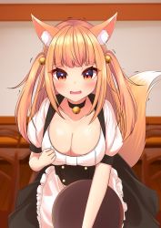 Rule 34 | animal ear fluff, animal ears, bell, black choker, blonde hair, blunt bangs, blush, breasts, choker, cleavage, clenched hand, cowboy shot, dress, embarrassed, eyelashes, fox ears, fox girl, fox tail, furrowed brow, hair bell, hair ornament, hand up, haseya 8791, highres, holding, holding tray, indoors, large breasts, long hair, looking at viewer, maid, neck bell, open mouth, orange eyes, original, puffy sleeves, sidelocks, standing, tail, tearing up, tears, tray, trembling, two side up, wavy mouth