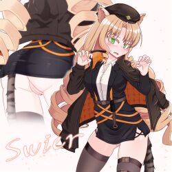 Rule 34 | 1girl, animal ears, arknights, ass, black headwear, black skirt, blonde hair, blush, breasts, cleft of venus, curly hair, fang, fseit4, green eyes, highres, medium breasts, pussy, skin fang, skirt, solo, swire (arknights), tail, thighhighs, tiger ears, tiger girl, tiger tail