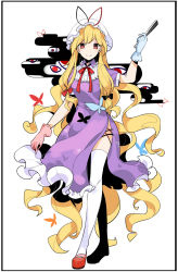 Rule 34 | 1girl, absurdly long hair, adapted costume, asymmetrical gloves, blonde hair, blue gloves, blush, border, bow, bug, butterfly, closed eyes, collar, commentary, dress, egasumi, eyeshadow, folding fan, frilled collar, frilled dress, frills, full body, gloves, hair between eyes, hair bow, hand fan, hat, hat ribbon, highres, hip focus, ideolo (style), insect, long hair, looking at viewer, makeup, mismatched gloves, mob cap, parody, pink gloves, purple dress, red eyes, red footwear, ribbon, see-through, shoes, short sleeves, sidelocks, simple background, smile, solo, style parody, thighhighs, thighs, touhou, very long hair, white background, white thighhighs, yakumo yukari, yorktown cv-5