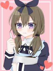 1girl apron assault_lily black_bow blue_apron blush border bow bowl chocolate chocolate_making closed_mouth commentary green_hair hair_between_eyes hair_bow hands_up heart holding holding_bowl holding_whisk inset_border long_hair long_sleeves looking_ahead low_twintails mixing_bowl neck_ribbon outside_border pink_background purple_eyes ribbon sana_(hs_yp1) school_uniform simple_background solo twintails upper_body v-shaped_eyebrows whisk white_border yamanashi_hibari yurigaoka_girls_academy_school_uniform