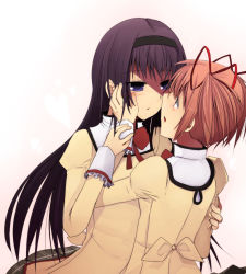 Rule 34 | 10s, 2girls, akemi homura, black hair, blush, eye contact, face-to-face, hairband, hand on another&#039;s cheek, hand on another&#039;s face, hinagi (fox priest), hug, imminent kiss, kaname madoka, long hair, looking at another, mahou shoujo madoka magica, mahou shoujo madoka magica (anime), multiple girls, pink hair, purple eyes, school uniform, short hair, simple background, twintails, upper body, yuri