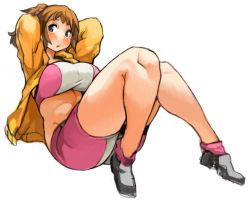 Rule 34 | 10s, 1girl, arms behind head, bike shorts, breasts, curvy, female focus, groin, gundam, gundam build fighters, gundam build fighters try, hoshino fumina, large breasts, light brown hair, long hair, midriff, parted lips, ponytail, sachito, simple background, solo, sports bra, thick thighs, thighs, two-tone sports bra, white background, wide hips