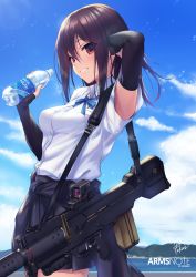 Rule 34 | 1girl, arm up, arms note, assault rifle, bionic joshikousei (fukai ryousuke), black gloves, blush, bottle, breasts, brown eyes, brown hair, bullpup, cloud, commentary request, copyright name, day, dress shirt, fingerless gloves, fukai ryosuke, gloves, grin, gun, hair between eyes, hand on own head, holding, holding bottle, looking at viewer, magnetic weapon, medium breasts, ocean, original, outdoors, rifle, shirt, short sleeves, sidelocks, signature, skirt, sky, smile, solo, standing, suppressor, water bottle, weapon, white shirt