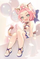 Rule 34 | 1girl, animal ear fluff, animal ears, backlighting, balloon, bangs pinned back, beret, birthday, blue bow, blush, bow, box, breasts, cat ears, cat girl, cat tail, diona (genshin concert) (genshin impact), diona (genshin impact), dress, fang, footwear bow, frilled dress, frills, genshin impact, gift, gift box, green eyes, hair bow, happy birthday, hat, hat bow, highres, looking at viewer, multicolored tail, nikomi, on table, open mouth, pink hair, short hair, sitting, small breasts, smile, solo, table, tail, thick eyebrows, white bow, white dress, white footwear, white hat