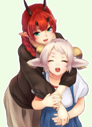 Rule 34 | 2girls, animal ears, bad id, bad pixiv id, blue eyes, blush, bracelet, braid, closed eyes, genso, happy, highres, horns, jewelry, long hair, looking at viewer, multiple girls, oni, oni horns, open mouth, original, pointy ears, red hair, sheep ears, sheep girl, sheep horns, short hair, simple background, white hair