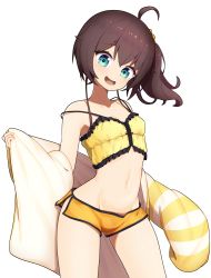 Rule 34 | 1girl, absurdres, ahoge, blue eyes, breasts, brown hair, camisole, cowboy shot, frilled camisole, frills, hair between eyes, head tilt, highres, hololive, jacket, long sleeves, looking at viewer, lunch boxer, medium hair, natsuiro matsuri, natsuiro matsuri (matsuri&#039;s day off), navel, open clothes, open jacket, open mouth, orange shorts, scrunchie, short shorts, shorts, side ponytail, simple background, small breasts, smile, solo, stomach, strap slip, striped clothes, striped jacket, thighs, translation request, virtual youtuber, white background, white jacket, yellow camisole, yellow jacket, yellow scrunchie
