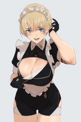 Rule 34 | 1girl, absurdres, black gloves, blonde hair, blue eyes, blush, breasts, cleavage, cleavage cutout, clothing cutout, frilled hairband, frills, gloves, hairband, highres, huge breasts, looking at viewer, maid headdress, mole, open mouth, original, pen guin15, short hair, shorts, simple background, solo, standing, thighs