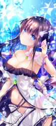 Rule 34 | 1girl, armpits, bare arms, bare shoulders, black hair, blue eyes, blurry, breasts, center opening, cleavage, cowboy shot, crystal, depth of field, flower, frills, head tilt, kabocha usagi, large breasts, looking at viewer, miniskirt, navel, original, pink flower, purple ribbon, revealing clothes, ribbon, shirt, sidelocks, skirt, solo, spaghetti strap, stomach, white shirt, white skirt