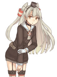 Rule 34 | 10s, 1girl, amatsukaze (kancolle), brown dress, brown eyes, chestnut mouth, cowboy shot, dress, garter straps, gloves, grey neckerchief, hair tubes, headgear, holding own arm, kantai collection, leaning forward, long hair, looking at viewer, nail polish, neckerchief, peroncho, sailor collar, sailor dress, silver hair, simple background, single glove, solo, striped clothes, striped thighhighs, thighhighs, two side up, white background, white gloves