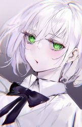 Rule 34 | 1girl, absurdres, black bow, black bowtie, blush, bow, bowtie, collared shirt, copyright request, green eyes, highres, looking at viewer, medium hair, mile (off8mile), pale skin, parted lips, shirt, solo, white hair, white shirt, wing collar