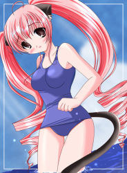 Rule 34 | 1girl, animal ears, cat ears, cat tail, curly hair, long hair, one-piece swimsuit, pink hair, pure cruel, school swimsuit, solo, swimsuit, tail, twintails, very long hair, water