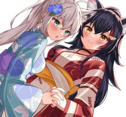 Rule 34 | 2girls, :o, animal ear fluff, animal ears, aqua kimono, black hair, blue flower, blue kimono, blue nails, blush, breasts, cardigan, choker, commentary, commission, dutch angle, floral print, flower, fox ears, green eyes, hair between eyes, hair flower, hair ornament, hair strand, height difference, high ponytail, holding hands, hololive, japanese clothes, kimono, large breasts, long hair, looking ahead, looking at viewer, moonbell, multicolored hair, multiple girls, nail polish, obi, ookami mio, open mouth, pink nails, purple sash, red hair, red kimono, sash, shirakami fubuki, sidelocks, silver hair, simple background, skeb commission, smile, streaked hair, two-tone hair, two-tone kimono, virtual youtuber, white background, white kimono, white sash, wolf ears, yellow cardigan, yellow eyes, yellow sash, yukata