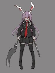 Rule 34 | 1girl, animal ears, antique firearm, black footwear, black jacket, black skirt, black thighhighs, blazer, blunderbuss, bolos, collared jacket, collared shirt, colored skin, commentary, crescent, crescent pin, dual wielding, evil smile, extra eyes, firearm, full body, grey background, grey skin, gun, hair between eyes, holding, holding gun, holding weapon, jacket, lapel pin, lapels, layered sleeves, long hair, long sleeves, looking at viewer, mary janes, miniskirt, monsterification, necktie, notched lapels, open clothes, open jacket, open mouth, pleated skirt, purple hair, rabbit ears, red eyes, red necktie, reisen udongein inaba, shirt, shoes, simple background, skirt, smile, solid eyes, solo, standing, tachi-e, thighhighs, touhou, very long hair, weapon, weapon request, white shirt, zettai ryouiki