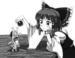 Rule 34 | &gt; &lt;, 2girls, :d, arms up, bow, bowl, closed eyes, detached sleeves, hair bow, hair tubes, hakurei reimu, hands up, hato (grazie a domani 7), head rest, japanese clothes, kimono, leaning forward, looking at another, mini person, minigirl, monochrome, multiple girls, open mouth, reaching, rice bowl, short hair, sitting, smile, sukuna shinmyoumaru, table, teasing, tiptoes, touhou, trembling, xd