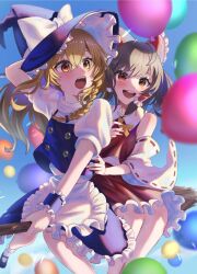 Rule 34 | 2girls, apron, arm up, balloon, blonde hair, blue headwear, blue sky, blurry, braid, broom, broom riding, brown hair, collared dress, commentary request, depth of field, detached sleeves, dress, frills, hakurei reimu, hat, hat tug, highres, japanese clothes, kirisame marisa, long hair, looking at viewer, looking to the side, miko, multiple girls, multiple riders, open mouth, puffy short sleeves, puffy sleeves, red dress, sakurano.neko, short sleeves, side braid, single braid, sitting, sky, smile, teeth, touhou, upper teeth only, waist apron, white apron, witch hat, yellow eyes