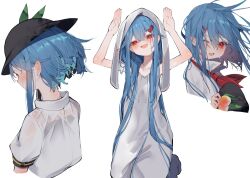 Rule 34 | 1girl, absurdres, adapted costume, alternate hair length, alternate hairstyle, animal hood, arms up, black headwear, blue hair, blush, collarbone, collared shirt, hair between eyes, hair ornament, hairpin, hat, head tilt, highres, hinanawi tenshi, holding, holding clothes, holding hat, hood, hood up, leaf hat, long hair, looking at viewer, multiple persona, multiple views, nape, neckerchief, one eye closed, open mouth, peach hat ornament, popped collar, puffy short sleeves, puffy sleeves, rabbit hood, red eyes, red neckerchief, shirt, short hair, short sleeves, simple background, smile, touhou, tsune (tune), unworn hat, unworn headwear, upper body, very long hair, white background, white shirt