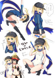 Rule 34 | 2girls, ahoge, artoria pendragon (fate), bad id, bad pixiv id, bare shoulders, baseball cap, bikini, black bikini, black footwear, black hair, black headwear, black shorts, blue jacket, blue scarf, blush, boots, breasts, closed eyes, fate/grand order, fate (series), hair through headwear, hat, himitsucalibur (fate), jacket, knee boots, kodamari, legs, long hair, long sleeves, looking at viewer, medium breasts, multiple girls, multiple views, mysterious heroine x (fate), oda nobunaga (fate), oda nobunaga (koha-ace), oda nobunaga (swimsuit berserker) (fate), oda nobunaga (swimsuit berserker) (second ascension) (fate), one-piece swimsuit, open mouth, peaked cap, rojiura satsuki: chapter heroine sanctuary, scarf, shorts, simple background, small breasts, smile, swimsuit, sword, thought bubble, track jacket, translation request, weapon, white background, white one-piece swimsuit