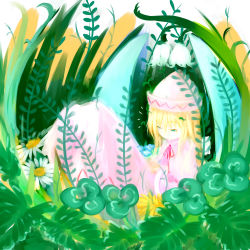 Rule 34 | 1girl, blonde hair, blue eyes, clover, daisy, dress, faux traditional media, female focus, fern, flower, grass, half-closed eyes, hat, highres, legs up, lily of the valley, lily white, long hair, lying, mini person, minigirl, pink dress, ribbon, sakana (packetsjp), solo, touhou