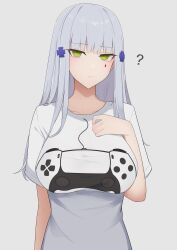 Rule 34 | 1girl, ?, absurdres, breasts, facial tattoo, girls&#039; frontline, green eyes, grey background, grey hair, hair ornament, hand on own chest, hand up, highres, hk416 (girls&#039; frontline), large breasts, long hair, print shirt, re1kirisaki342, shirt, simple background, solo, t-shirt, tattoo, teardrop tattoo, upper body, white shirt