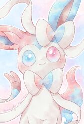 Rule 34 | alternate color, closed mouth, commentary, creatures (company), fang, fang out, game freak, gen 6 pokemon, heterochromia, highres, looking at viewer, nintendo, no humans, pokemon, pokemon (creature), remedy matome, shiny pokemon, smile, solo, sylveon, twitter username, two-tone background