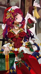 Rule 34 | 1girl, bodysuit, breasts, cape, cleavage, facial mark, fire emblem, fire emblem engage, fire emblem heroes, gbbgb321, hair ornament, hat, highres, holding, holding sack, holly hair ornament, nintendo, official alternate costume, red bodysuit, red cape, sack, santa hat, solo, star (symbol), star facial mark, star hair ornament, yunaka (fire emblem), yunaka (fire emblem) (spirited envoy)