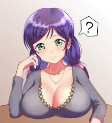 1girl, ?, breast rest, breasts, cleavage, collarbone, commentary request, green eyes, hair ornament, hair scrunchie, highres, huge breasts, jewelry, long hair, looking at viewer, love live!, love live! school idol project, low twintails, necklace, pink scrunchie, purple hair, r2pi, scrunchie, solo, spoken question mark, toujou nozomi, twintails